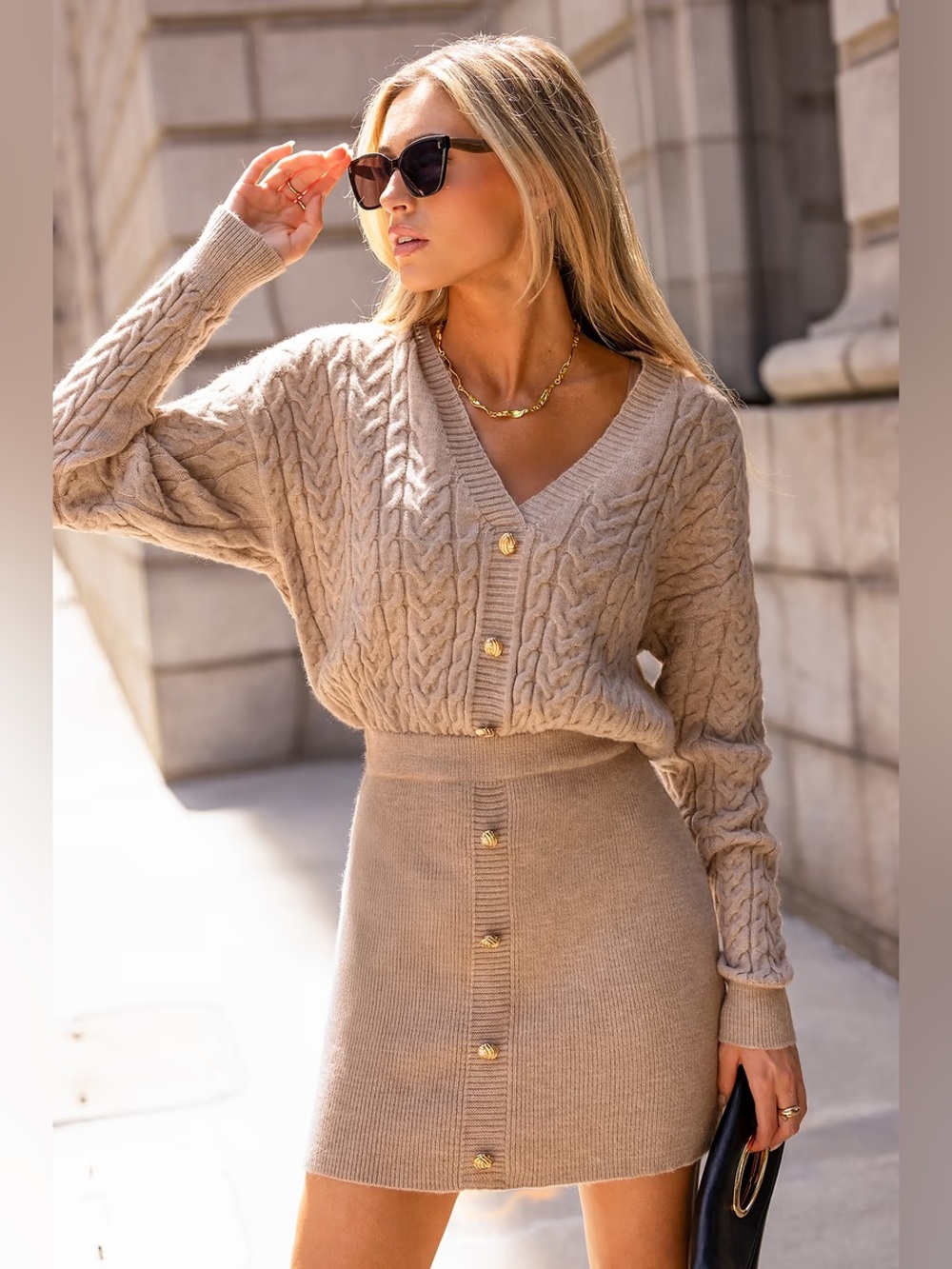 NWT Cupshe Suble Glow Beige Long Sleeve Mini Sweater Dress Size Large $47